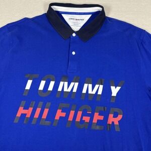 Tommy Hilfiger Sport Polo Shirt Mens 3XL Blue Slim Fit‎ Spell Out Logo Stretch